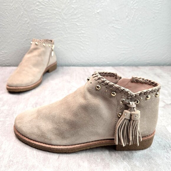Kate Spade Ankle Boots 7 Tan Suede Studded Tassled Western Boho Low Heel Booties - Picture 1 of 12